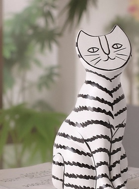 抽象创意陶瓷手绘黑白线雕塑摆件