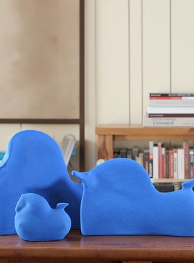 陶瓷侘寂风咖色蓝色抽象马雕塑