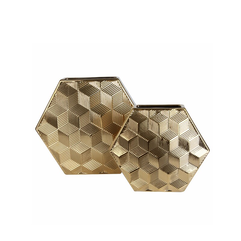 极简抽象后现代陶瓷电镀哑金立体浮雕几何纹多边形花瓶家居装饰品