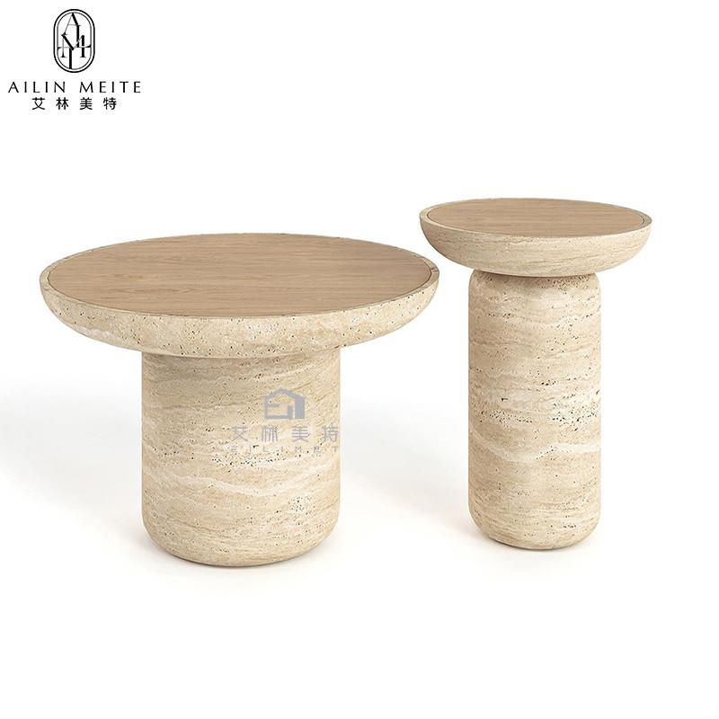 侘寂风天然大理石客厅小茶几户型高级感艺术雕刻圆形洞石边桌定制