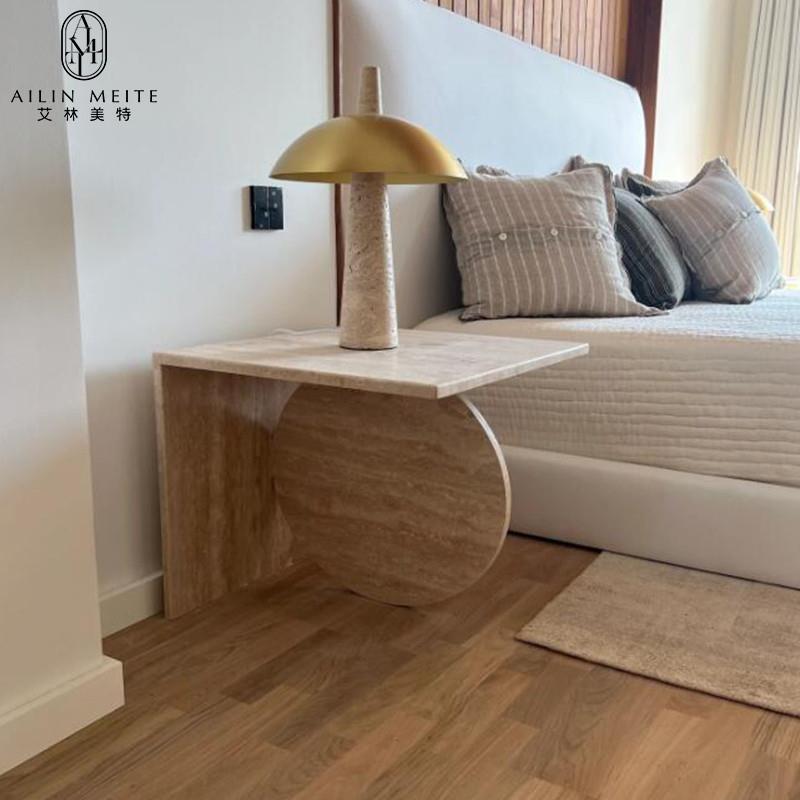 北欧创意天然洞石组边桌床头桌设计师样板房简约客厅沙发小茶几