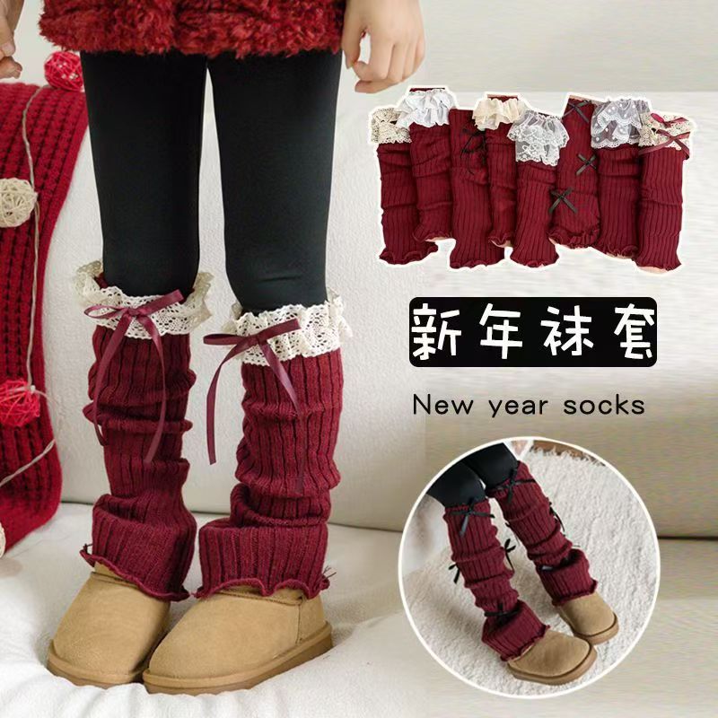 儿童安可拉红袜套秋冬洛丽塔腿套韩系新年芭蕾风jk蝴蝶结小腿袜