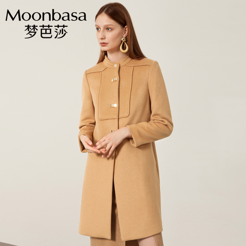 Moonbasa/梦芭莎时尚简约小立领创意分割箱包扣直身羊毛大衣
