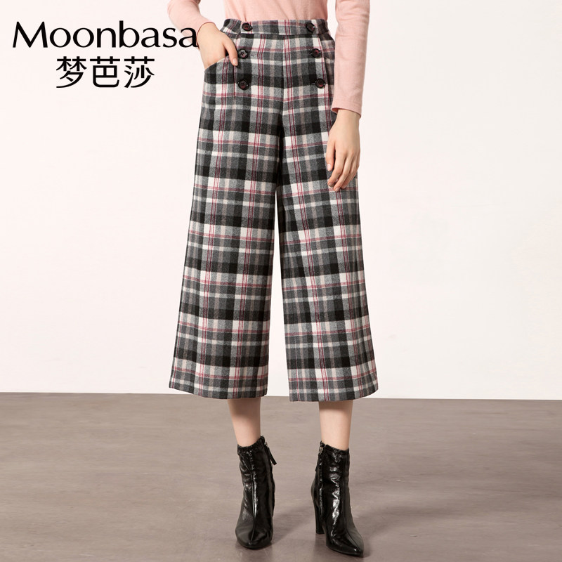 Moonbasa/梦芭莎复古中高腰双排扣羊毛八分格子坠感阔腿裤长裤女