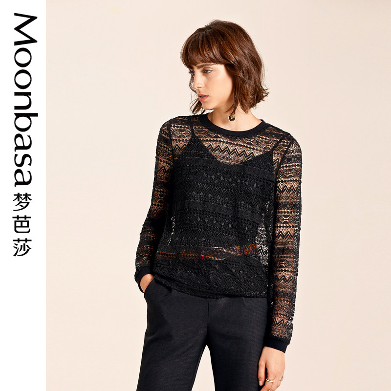 Moonbasa梦芭莎 2018春装新品蕾丝拼接罗纹两件套套头衫