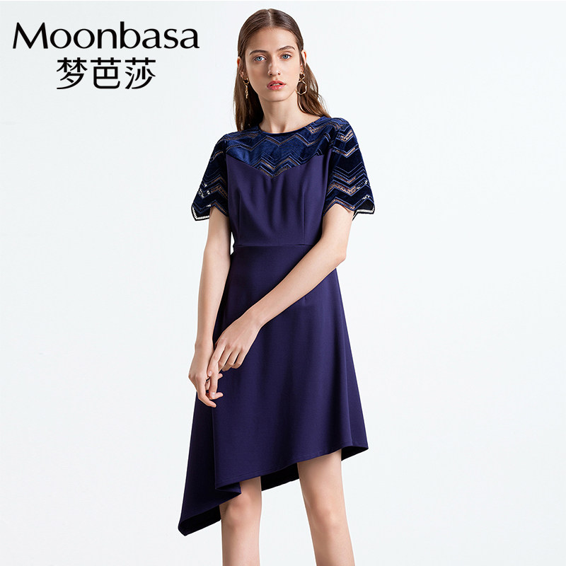 Moonbasa/梦芭莎女装镂空蕾丝连衣裙2019新款秋季收腰显瘦 气质
