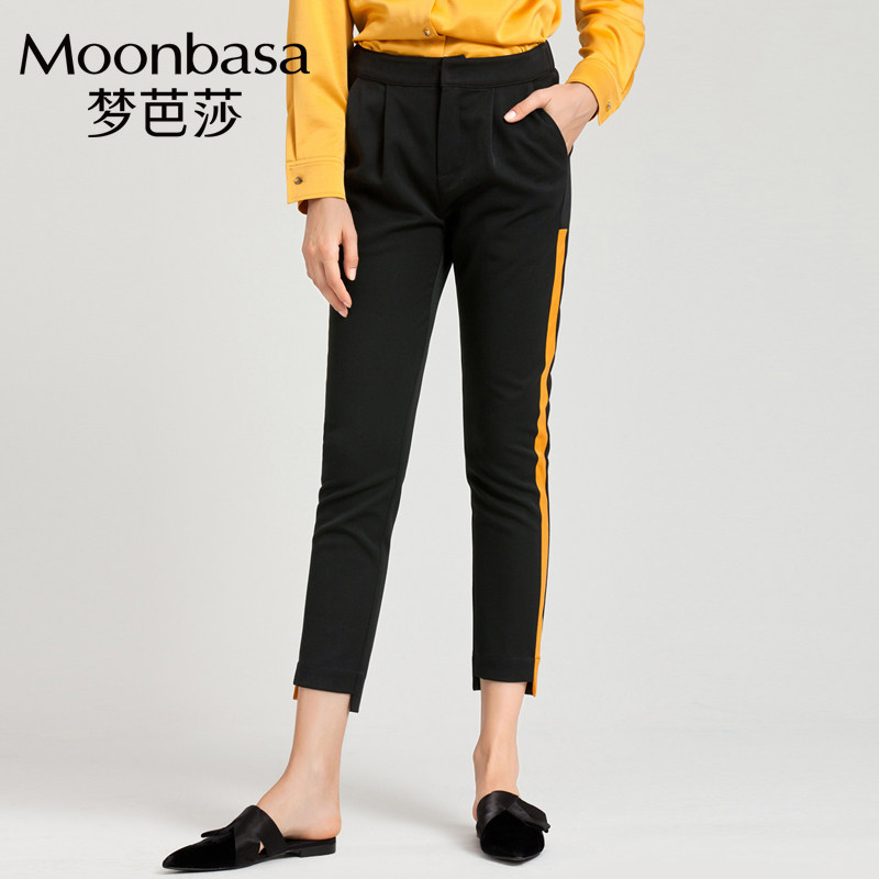 Moonbasa/梦芭莎休闲时尚侧边撞色锥形九分长裤女BF运动风秋新款