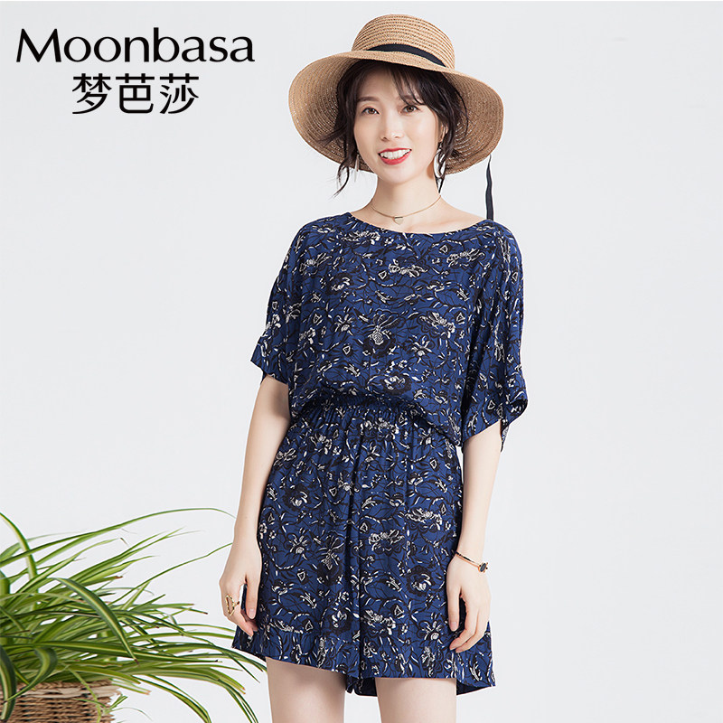 Moonbasa/梦芭莎时尚大圆领宽松舒适收腰显瘦印花连体裤女夏