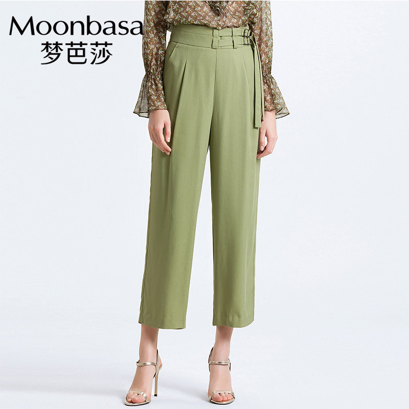 Moonbasa/梦芭莎时尚摩登日字扣装饰中高腰九分坠感萝卜裤女春装