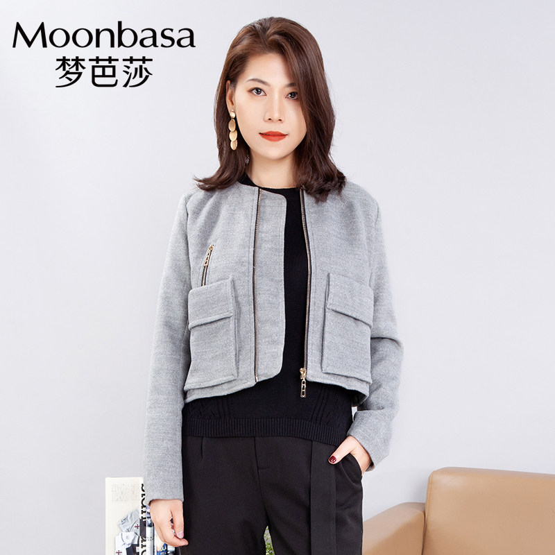 Moonbasa梦芭莎 欧美时尚女装冬装大口袋毛呢短款外套潮