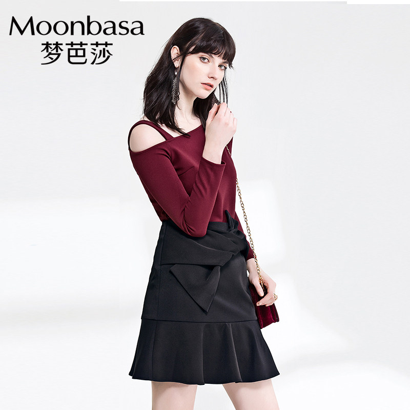 梦芭莎2019春秋新品高腰显瘦职业黑色不规则半身裙短裤A字一步裙