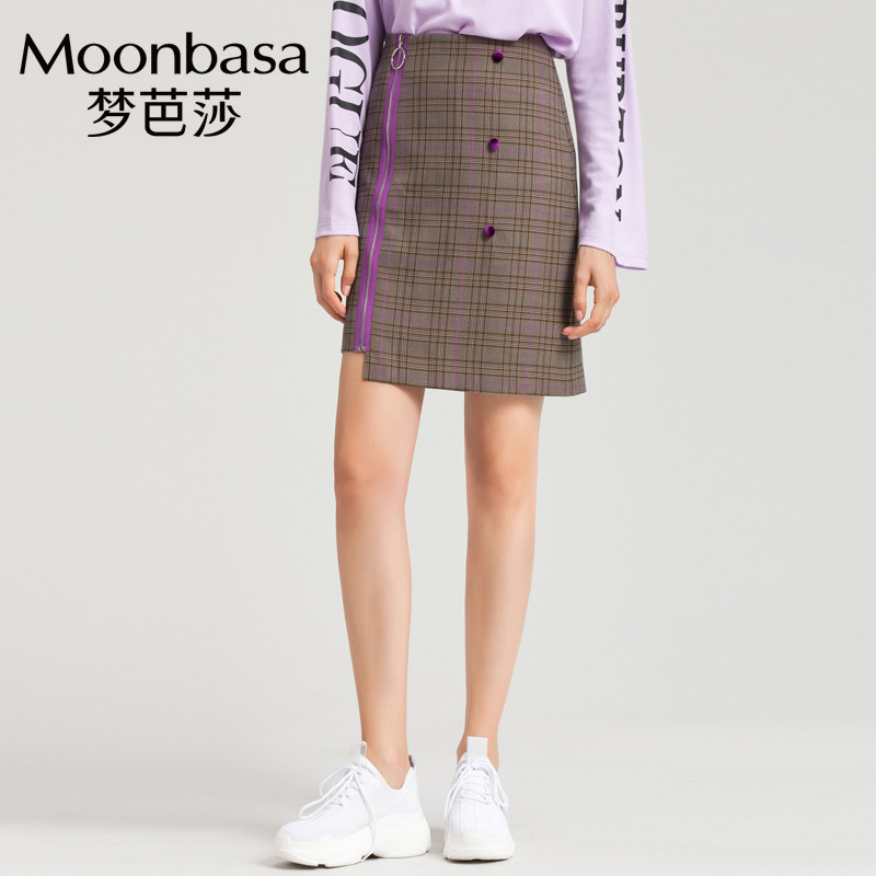 Moonbasa/梦芭莎不规则拼接高腰复古半身裙女秋冬包臀A字裙