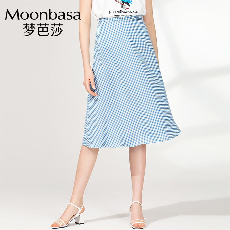 Moonbasa/梦芭莎女装赫本半身裙蓝色格子适合胯大的a字裙洋气减龄