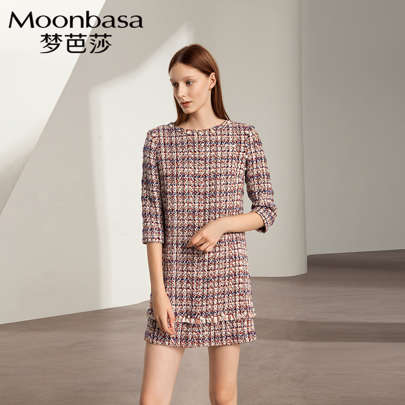 梦芭莎女装法式小香风连衣裙中裙2019秋装新款收腰显瘦编织桔梗裙