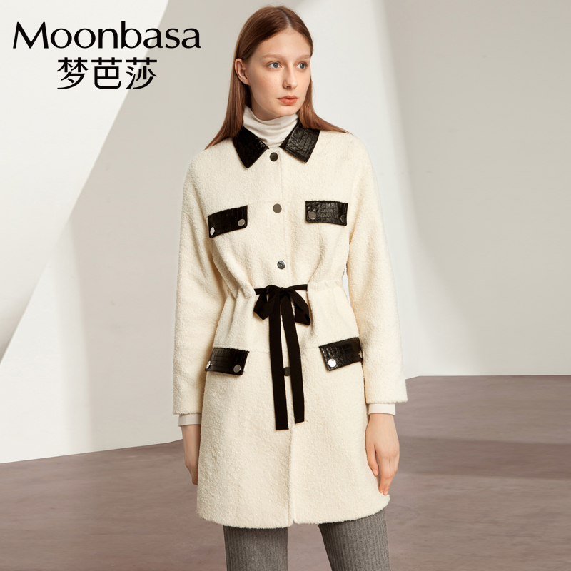 Moonbasa/梦芭莎时尚创意撞色真皮束腰织带圈圈呢大衣外套女冬款