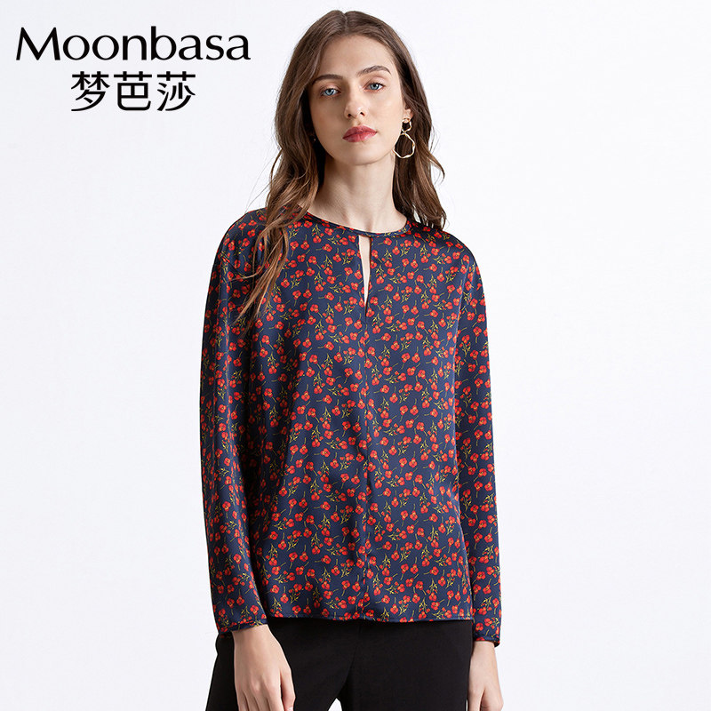 Moonbasa/梦芭莎简约时尚通勤百搭宝蓝色印花套头小衫春装女上衣