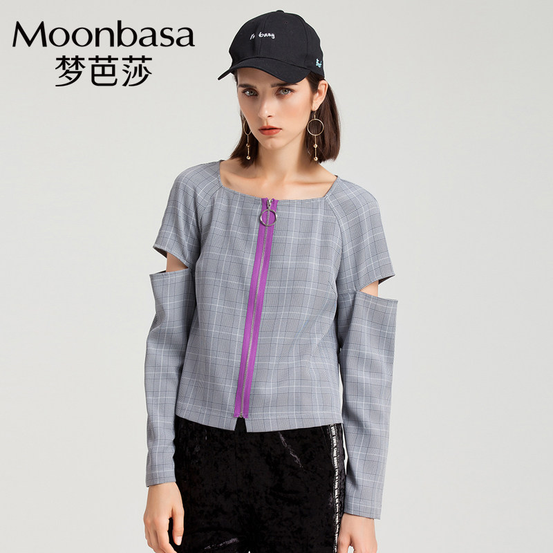 Moonbasa/梦芭莎船形领 镂空袖身片撞色拉链格纹上衣女创意秋装