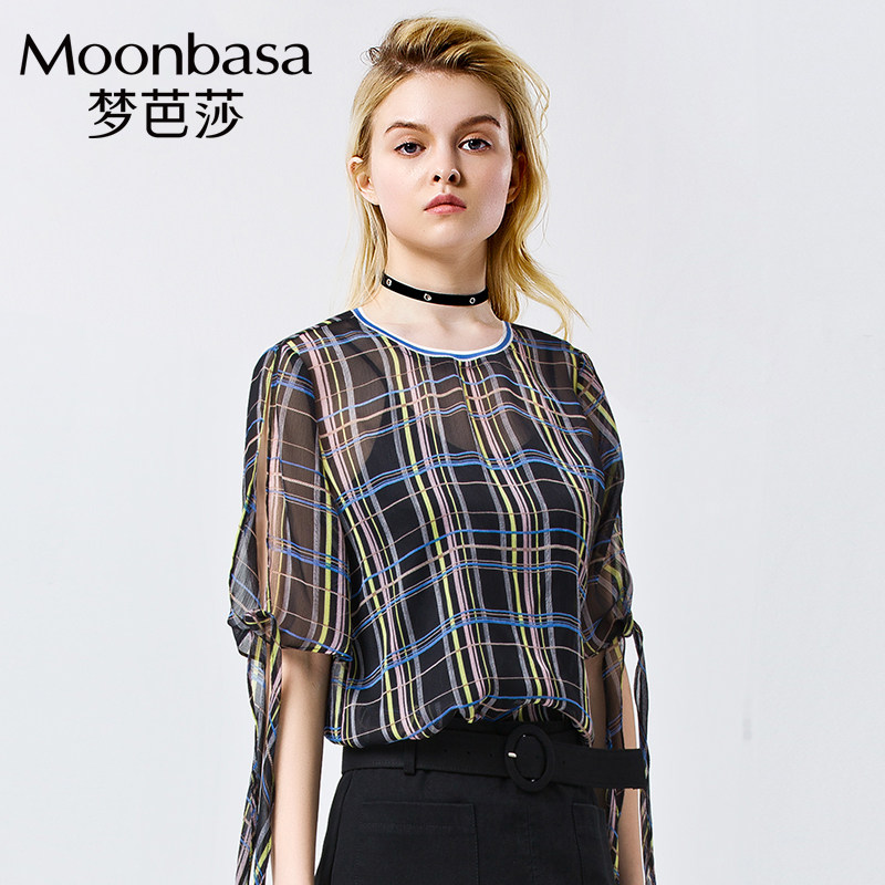 Moonbasa/梦芭莎时尚休闲罗纹领口格纹雪纺小衫时尚透视装女