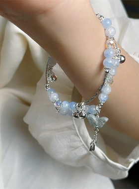 浮蝶生新中式海蓝色碎冰花串珠蝴蝶双层手链女百搭甜美手串首饰品