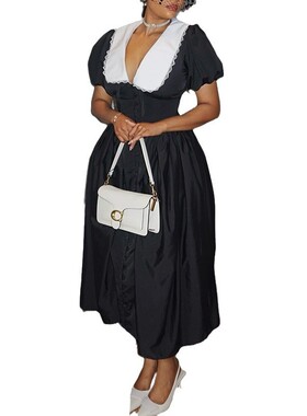 欧美法式泡泡袖气质收腰黑色中长款连衣裙 Ladies casual dress