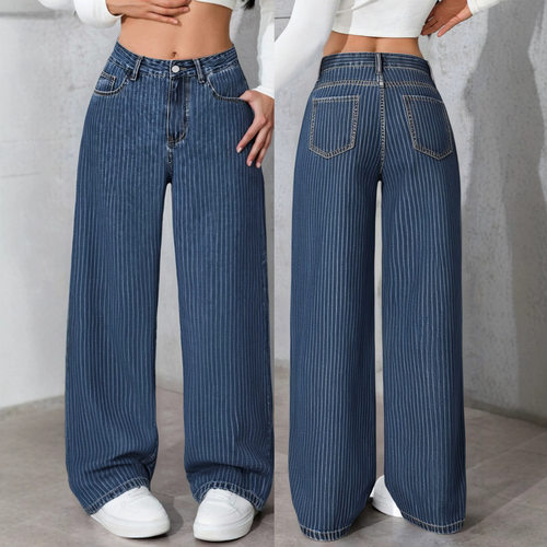 women jeans trousers pants 2026高腰直筒裤宽松休闲条纹牛仔裤