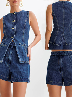 欧美无袖高腰套装牛仔短裤 women jeans shorts+vest set fashion