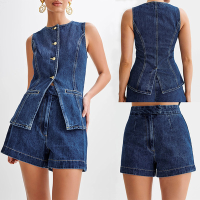 欧美无袖高腰套装牛仔短裤 women jeans shorts+vest set fashion