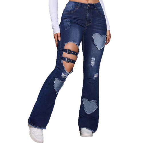 2026欧美显瘦心型破洞微喇镂空牛仔裤 women stretch jeans pants