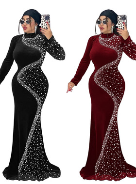 Ladies long dress party women 欧美气质优雅丝绒烫钻礼服连衣裙