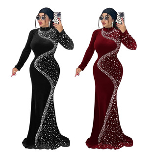 women Ladies party dress 欧美气质优雅丝绒烫钻礼服连衣裙 long