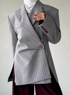 women suit coat 2026欧美慵懒风西装不规则设计灰色条纹西装外套
