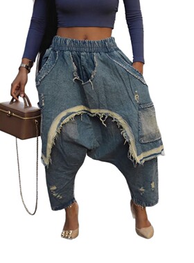 women pants loose 欧美个性潮流做旧磨毛破洞牛仔裤宽松哈伦裤