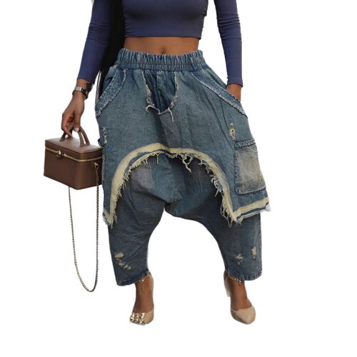women pants loose 欧美个性潮流做旧磨毛破洞牛仔裤宽松哈伦裤