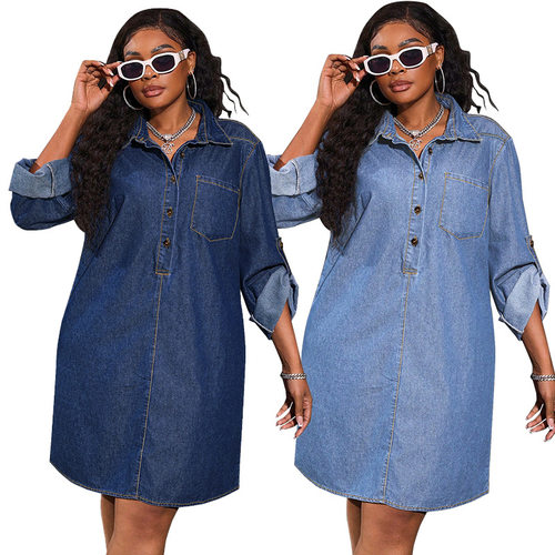 women jeans loose dress 欧美大码宽松时尚牛仔长袖休闲连衣裙