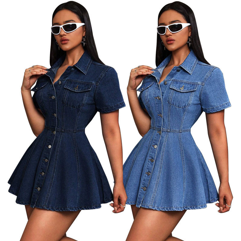 ladies jeans dress women 2025欧美牛仔气质休闲收腰翻领连衣裙图片