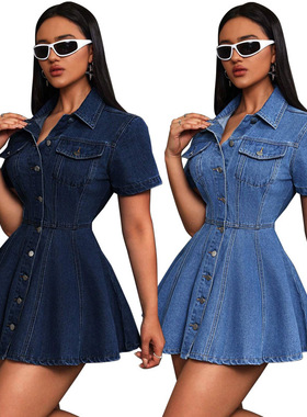 ladies jeans dress women 2025欧美牛仔气质休闲收腰翻领连衣裙