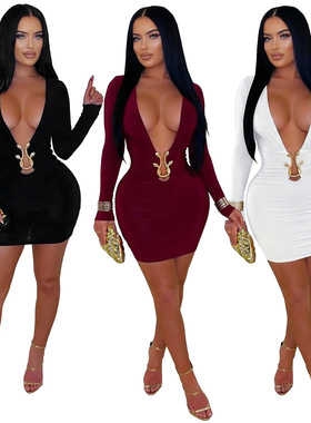 Ladies sexy dress women party 欧美性感深v包臀蛇形配饰连衣裙