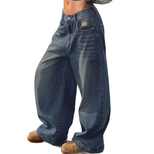 欧美水洗蓝阔腿超长拖地感牛仔裤 women loose jeans pants 2026