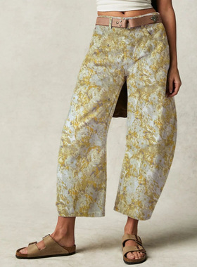 women print jeans pants loose 休闲宽松中腰筒形女士牛仔裤2025