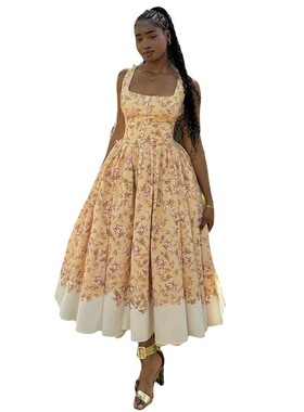 Ladies casual print dress 欧美新款清新甜美印花收腰长裙连衣裙