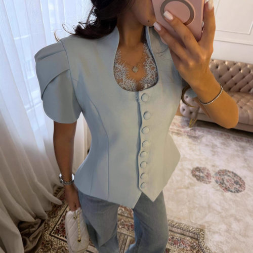 2026欧美新款气质时尚蕾丝拼接短袖衬衫西服女 women suit shirts