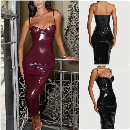 women leather dress PU皮吊带包臀可拆卸肩带连衣裙露背开叉礼服