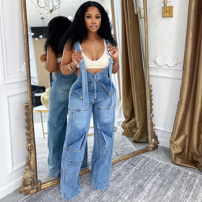 women jeans jumpsuit欧美女式牛仔背带裤街头休闲拉链水洗连体裤