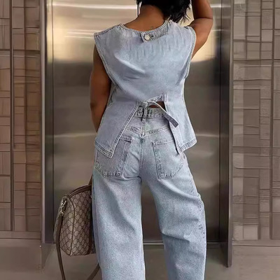 2025欧美时尚休闲弹力牛仔背心两件套women jeans vest+pants set