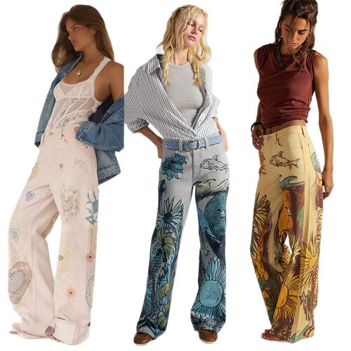 2026欧美休闲宽松印花中腰直筒女士牛仔裤 women jeans trousers