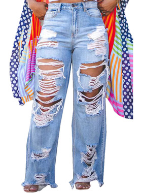 欧美性感时尚烧花破洞牛仔裤women sexy loose jeans pants 2024