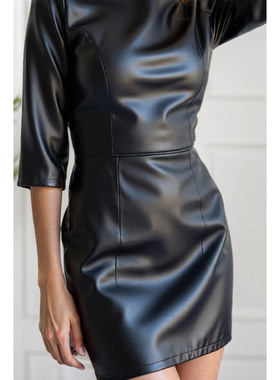 women slim leather dress 2026欧美时尚外出优雅半袖PU皮连衣裙
