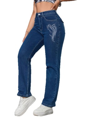欧美牛仔裤蓝色刺绣水洗口袋弹力修身长裤WOMEN JEANS pants 2025