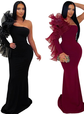 Ladies evening dress sexy 2026欧美气质优雅单花边袖修身连衣裙