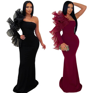 evening 修身 dress 2026欧美气质优雅单花边袖 连衣裙 sexy Ladies